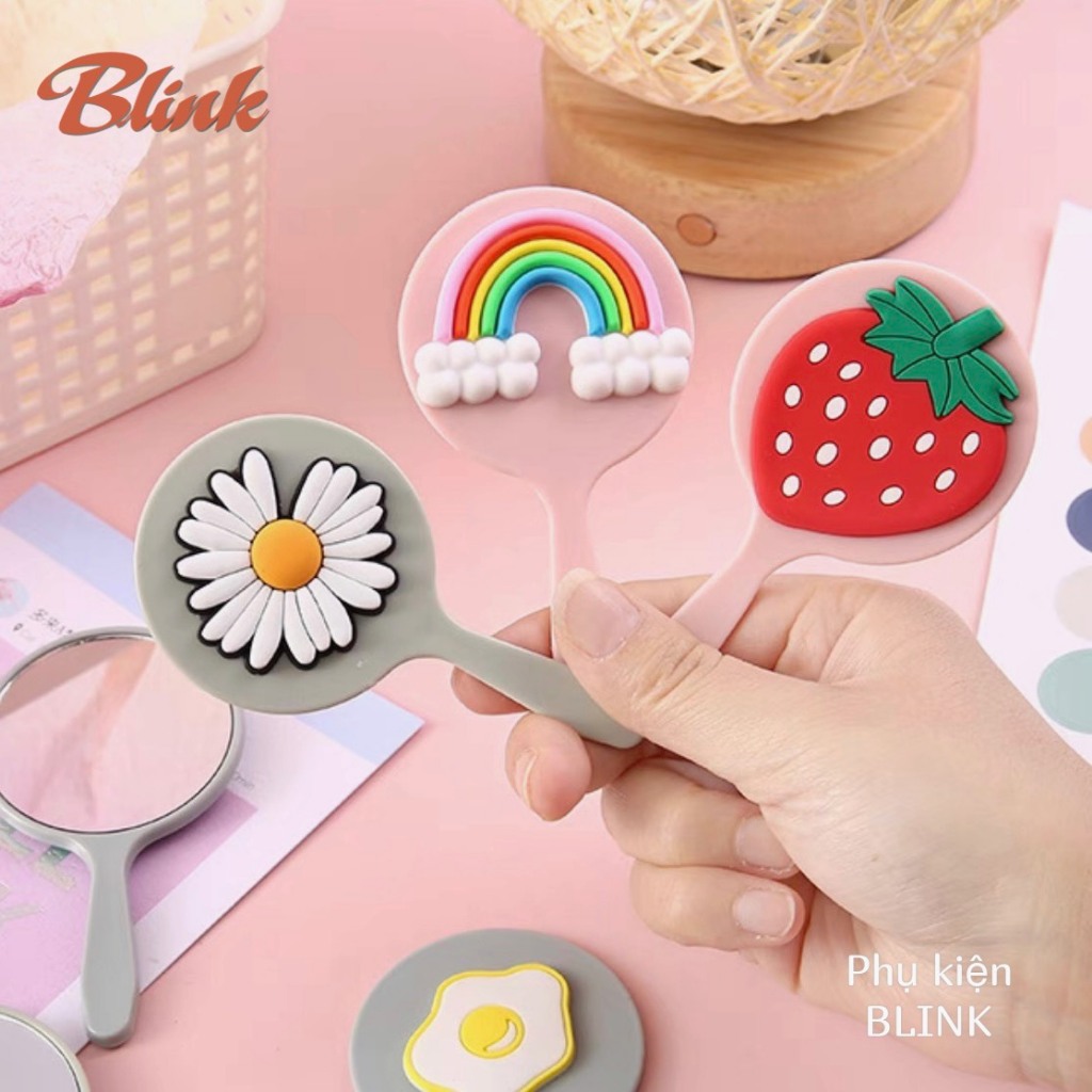 Gương mini cầm tay, soi trang điểm hình tròn hoạt hình dễ thương và tiện sử dụng
