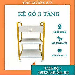 Kệ gỗ 3 tầng - Xe đẩy spa bằng gỗ 3 tầng có bánh chuyên dùng cho spa thẩm mỹ viện, tiệm tóc, hàng nhập khẩu