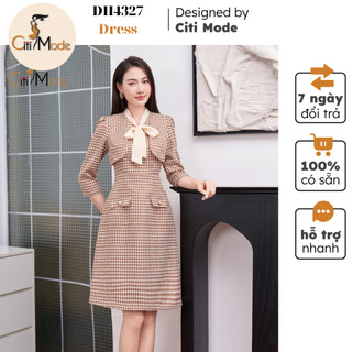 Đầm công sở CITI MODE FASHION thiết kế dáng A kẻ nanh sói nâu phối cổ nơ DH4327