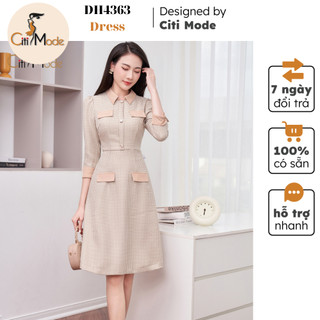 Đầm công sở CITI MODE FASHION thiết kế dáng A kẻ nanh sói nâu phối cổ bẻ DH4363