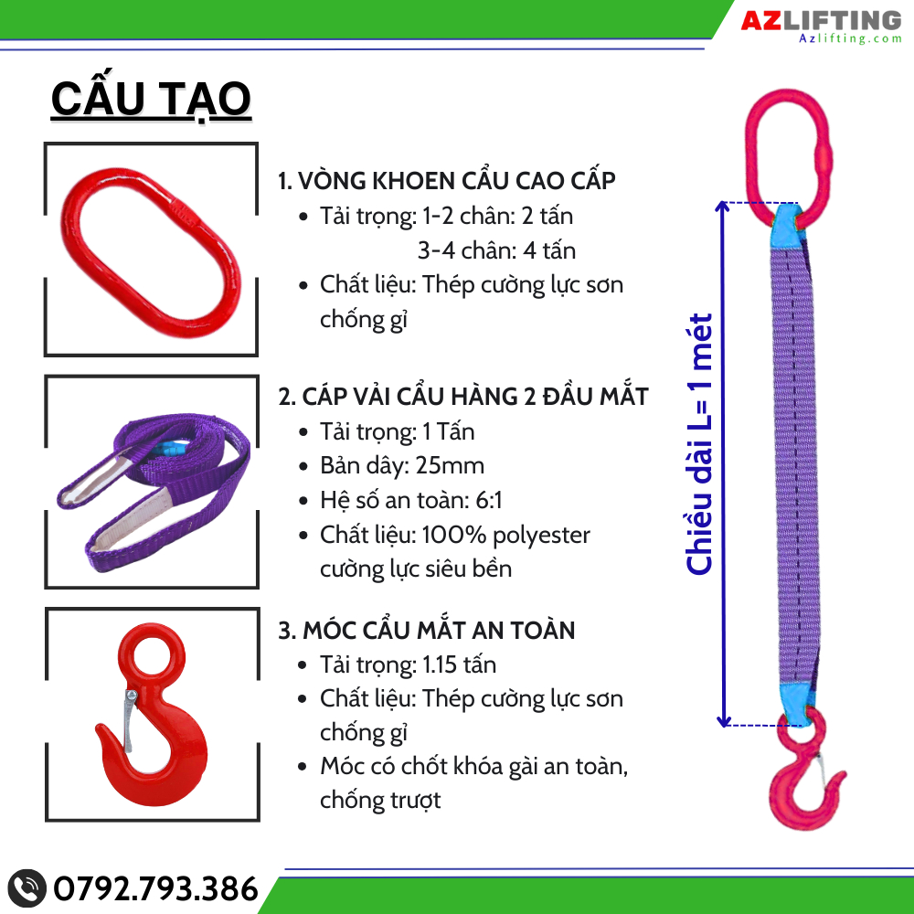 Cáp vải cẩu hàng 1 tấn 1 chân, 2 chân, 3 chân, 4 chân, sling cáp vải cẩu nâng hàng hóa tàu thuyền, container