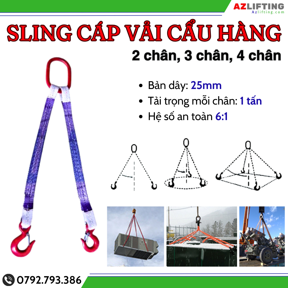 Cáp vải cẩu hàng 1 tấn 1 chân, 2 chân, 3 chân, 4 chân, sling cáp vải cẩu nâng hàng hóa tàu thuyền, container