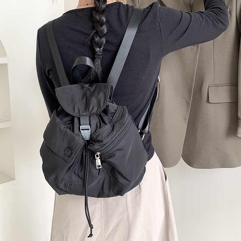 BONNA BACKPACK Balo mini vải dù đơn giản Hàn quốc có nắp đậy dây rút cá tính dành cho nữ