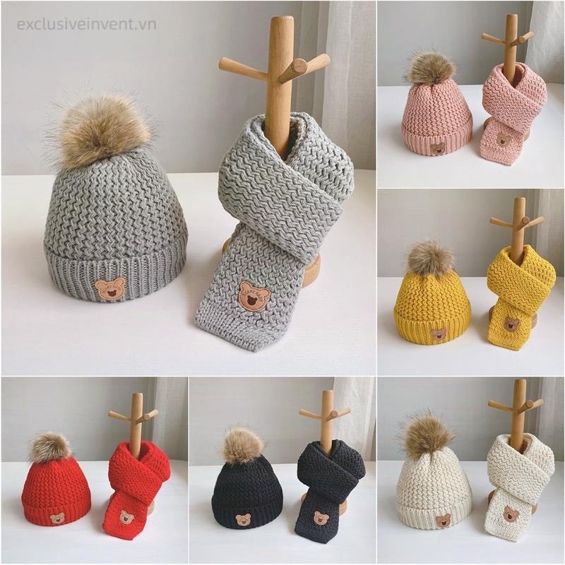 Sét mũ len + Khăn Choàng Gấu Baby- Mũ nón len cho bé kèm khăn 1-7 tuổi
