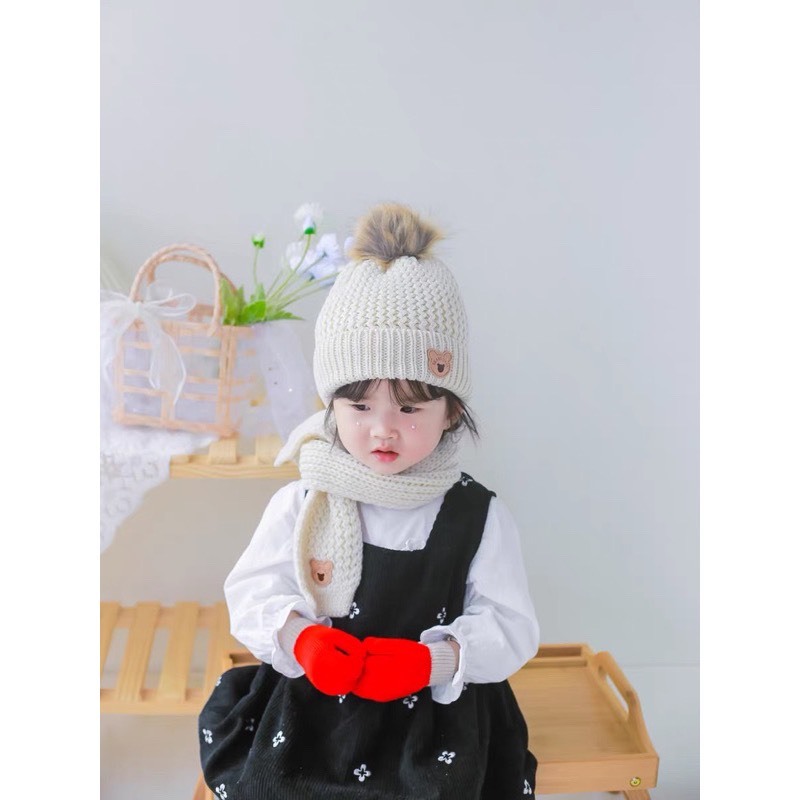 Sét mũ len + Khăn Choàng Gấu Baby- Mũ nón len cho bé kèm khăn 1-7 tuổi