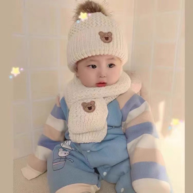Sét mũ len + Khăn Choàng Gấu Baby- Mũ nón len cho bé kèm khăn 1-7 tuổi