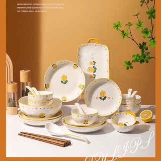 Bộ bát đĩa gốm sứ decor, Chén dĩa ăn cơm dễ thương, Sét bát dĩa Hoa tulip
