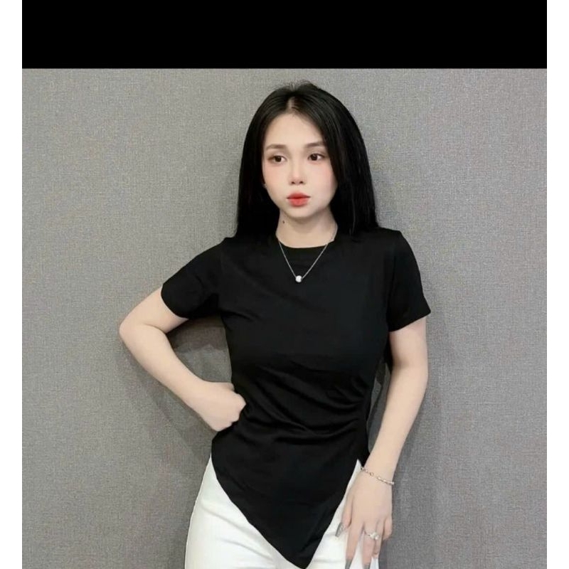 Áo thun nữ kiểu croptop tay ngắn nhún eo vạt chéo sanng chảnh AS90