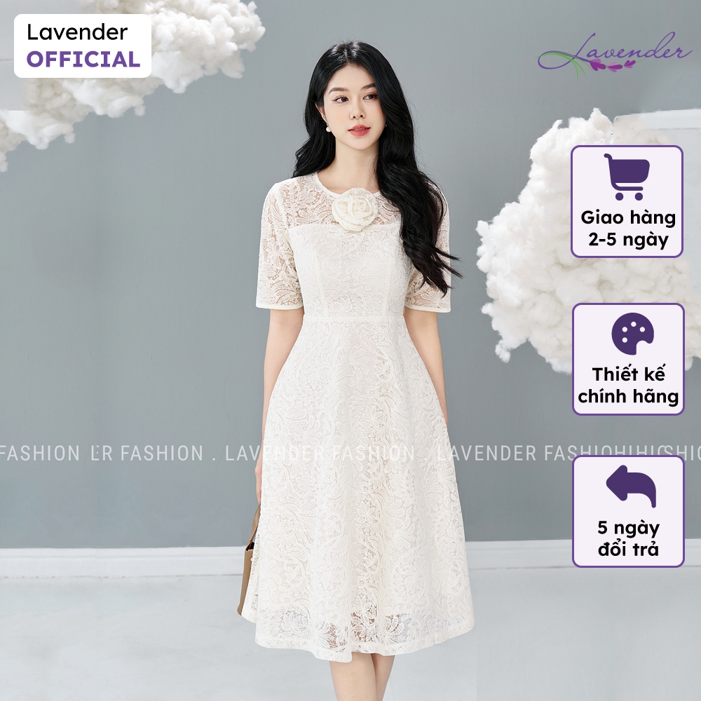 Đầm công sở thiết kế LAVENDER vải ren màu trắng đính hoa cổ D2959