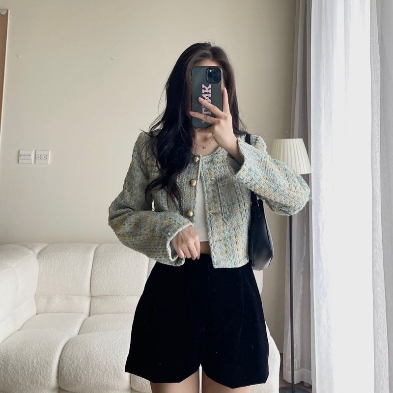 Áo Khoác Dạ Tweed Dáng Lửng Đính Khuy Tiểu Thư Siêu Xinh