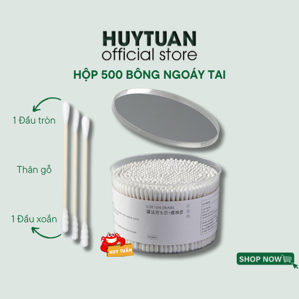 Hộp 500 que tăm bông ngoáy tai thân gỗ tre 2 đầu tròn xoắn thân thiện với môi trường, tăm bông ngoáy tai tiệt trùng