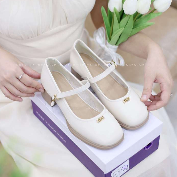 Giày Gót Vuông - Giày Mary Jane Khuy MIU Mũi Bầu Da Mềm Đế Cao 4p QCCC