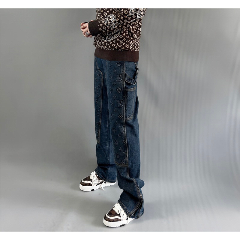 Quần jeans nam chất bò mềm lv ống xuông mix đai