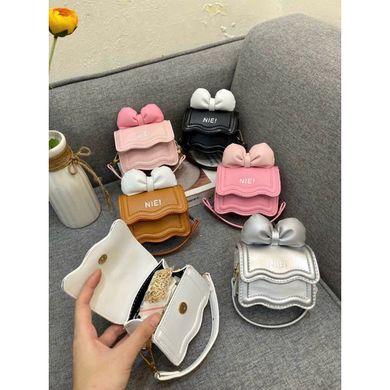 Túi đeo chéo cho bé gái - Túi hộp quai xích phối Nơ xinh nhiều màu đáng yêu chất da PU mềm