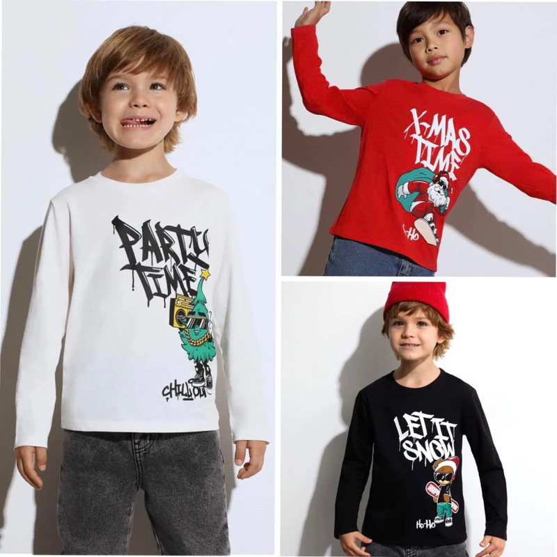 Áo thun tay dài thu đông bé trai, bé gái chất thun cotton mềm mịn, in hình Noel dễ thương size 15-40kg