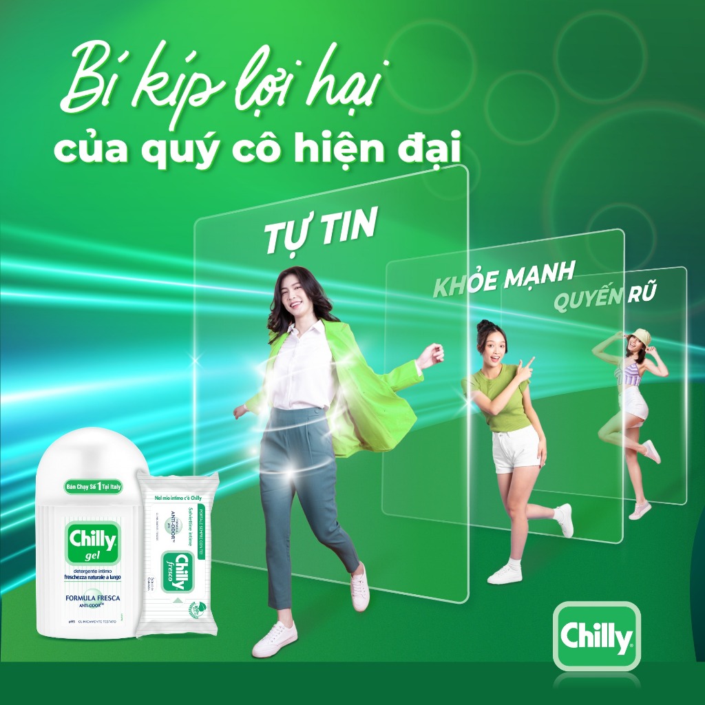 Combo Dung dịch vệ sinh phụ nữ Chilly Gel 200ml + Khăn lau phụ khoa Chilly Fresco gói 12 tờ bạc hà mát lạnh