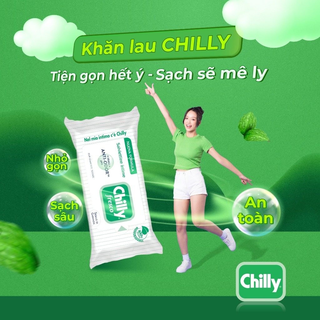 Combo Dung dịch vệ sinh phụ nữ Chilly Gel 200ml + Khăn lau phụ khoa Chilly Fresco gói 12 tờ bạc hà mát lạnh