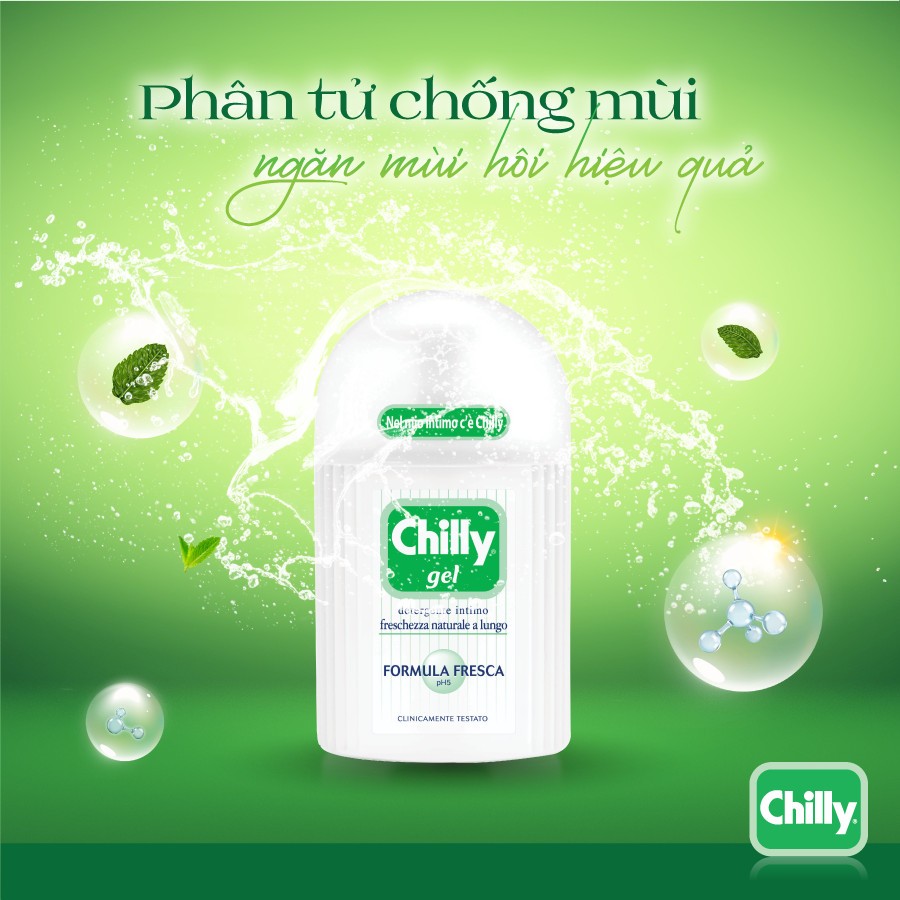 Combo Dung dịch vệ sinh phụ nữ Chilly Gel 200ml + Khăn lau phụ khoa Chilly Fresco gói 12 tờ bạc hà mát lạnh