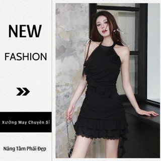 ĐẦM ÔM BODY DỰ TIỆC CỔ YẾM ĐÍNH KẾT HOA HỒNG ĐEN PHỐI BÈO TRƯỚC NGỰC SANG TRỌNG