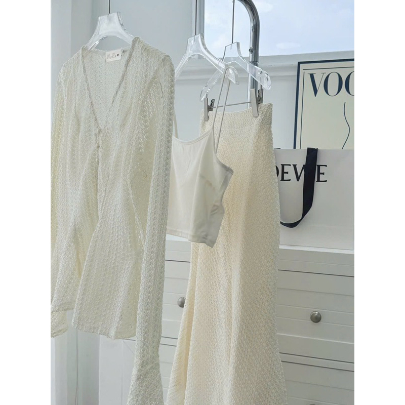 SET Áo ren cổ V cài nút Chân váy midi đuôi cá kèm Bra 2s NÀNG CLOSET