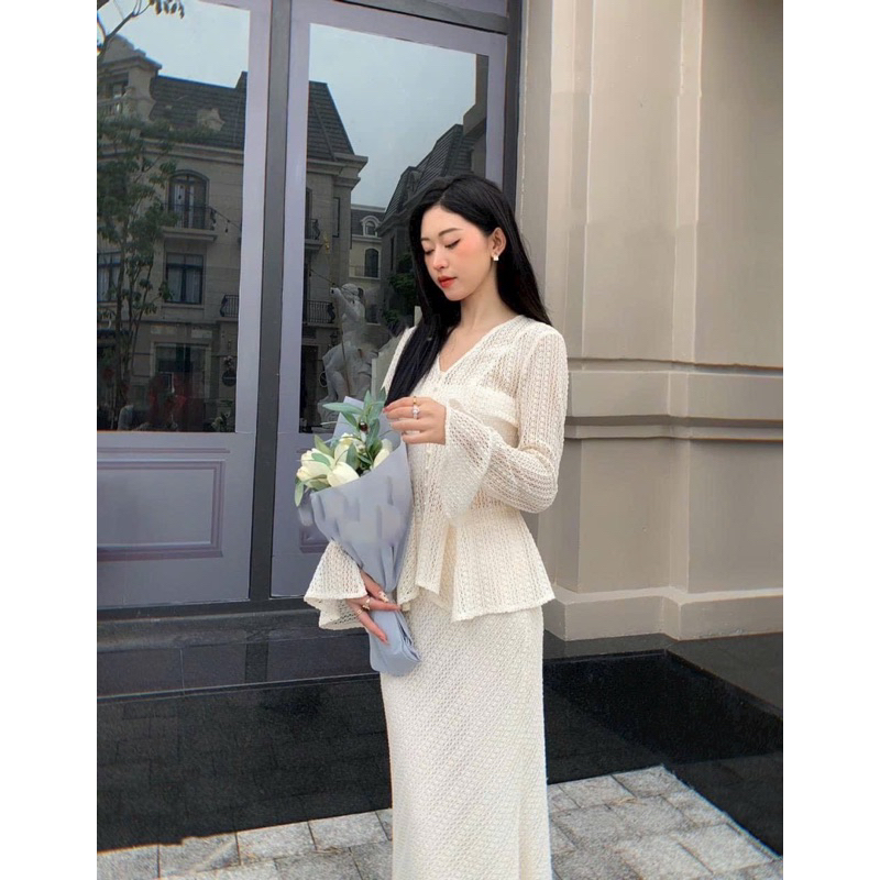 SET Áo ren cổ V cài nút Chân váy midi đuôi cá kèm Bra 2s NÀNG CLOSET