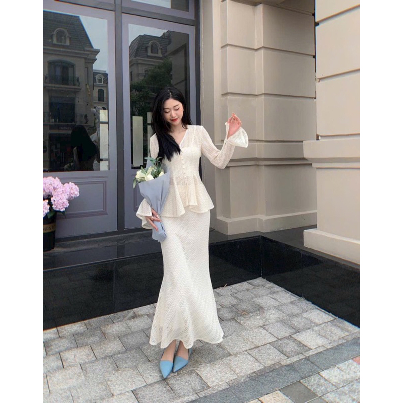 SET Áo ren cổ V cài nút Chân váy midi đuôi cá kèm Bra 2s NÀNG CLOSET
