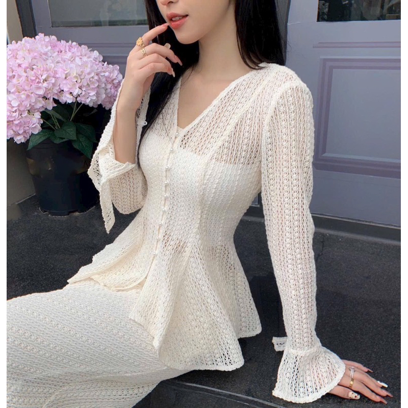 SET Áo ren cổ V cài nút Chân váy midi đuôi cá kèm Bra 2s NÀNG CLOSET