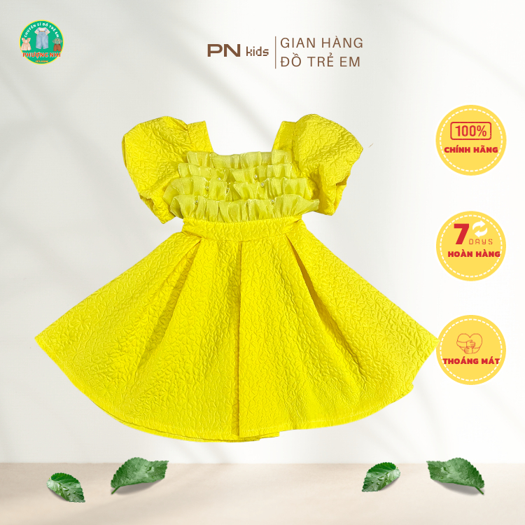 Đầm vàng tay phồng nhiều tầng voan trước ngực kiểu dáng xoè chất liệu vải xốp