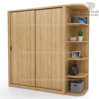 Tủ quần áo cửa lùa hiện đại kèm kệ trang trí bên hông, màu gỗ sồi tqa-tp61