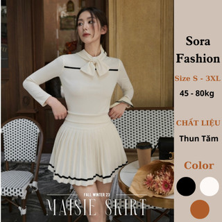 Set BigSize Nữ Sora Fashion,Set Chân Váy Xếp Ly Mix Áo Tăm Phối Cổ Nơ Chất Liệu Len Tăm 101