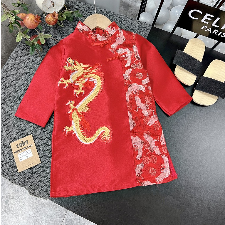 Áo dài tết, Áo dài cách tân cho bé trai chất lụa mềm mịn, hình thêu rồng đắp xịn sò size 10-30kg