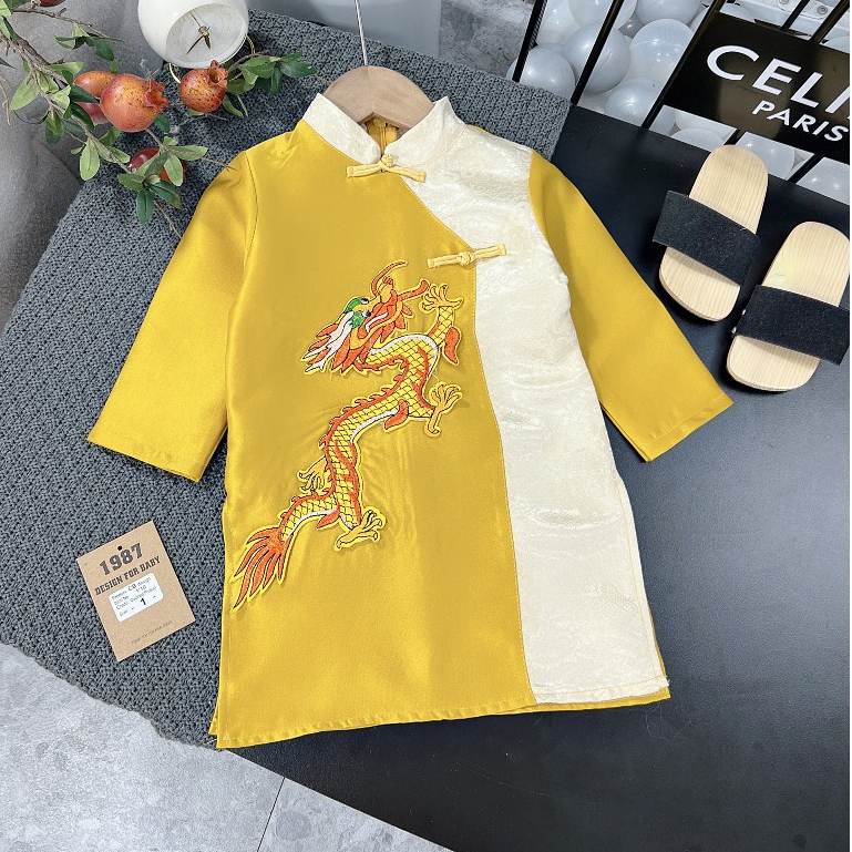 Áo dài tết, Áo dài cách tân cho bé trai chất lụa mềm mịn, hình thêu rồng đắp xịn sò size 10-30kg