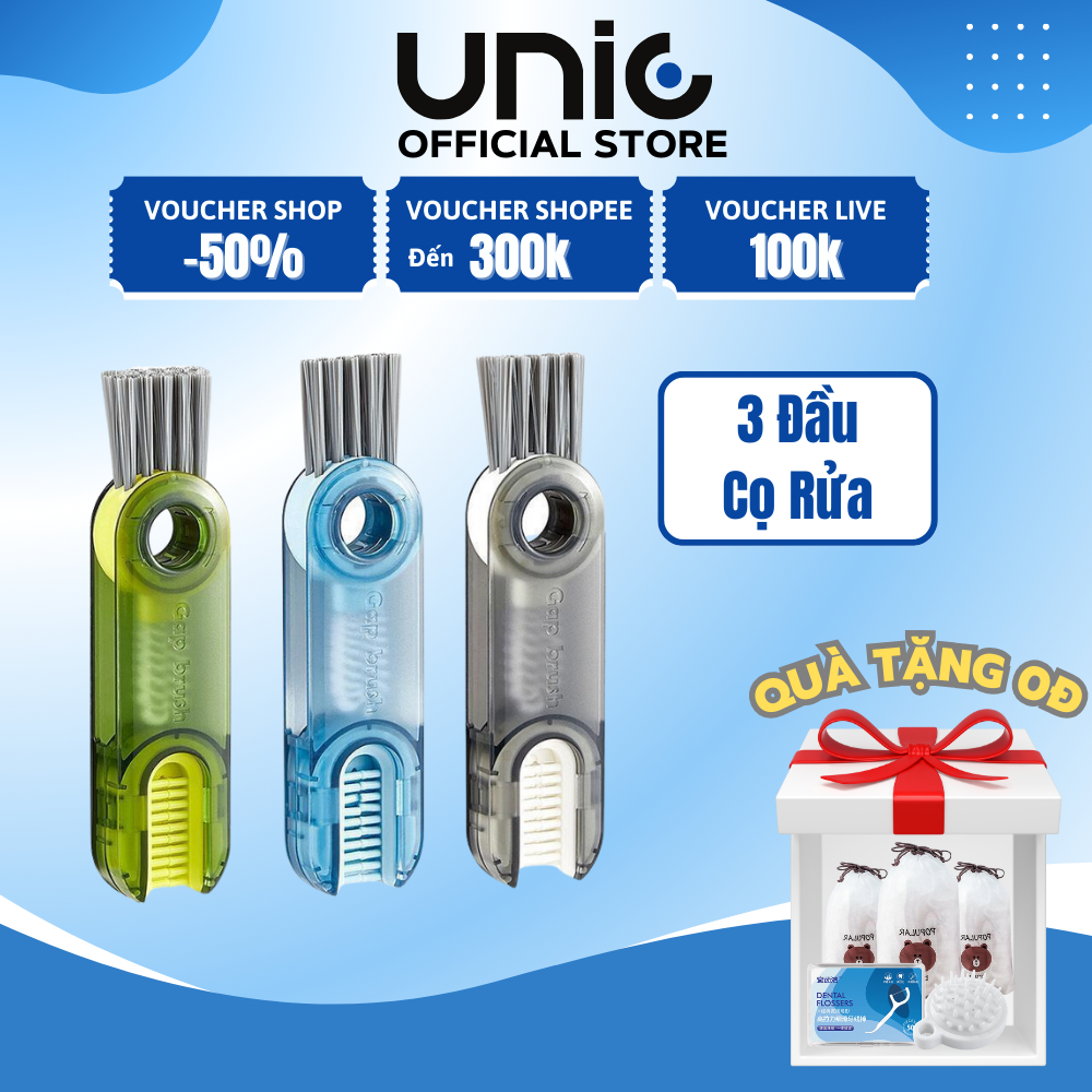 Cọ Vệ Sinh Đa Năng UNIC, Dụng Cụ Cọ Rửa Cốc Bình Sữa Bình Nước Thông Minh 3 Đầu Cọ Xoay 360° CVS01