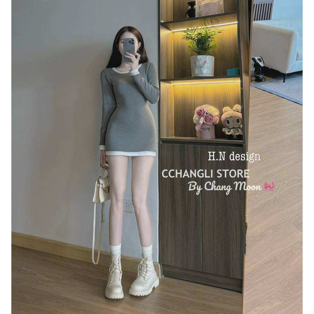 Váy body viền trắng đen,ghi