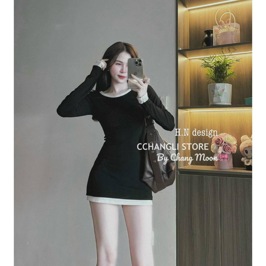 Váy body viền trắng đen,ghi