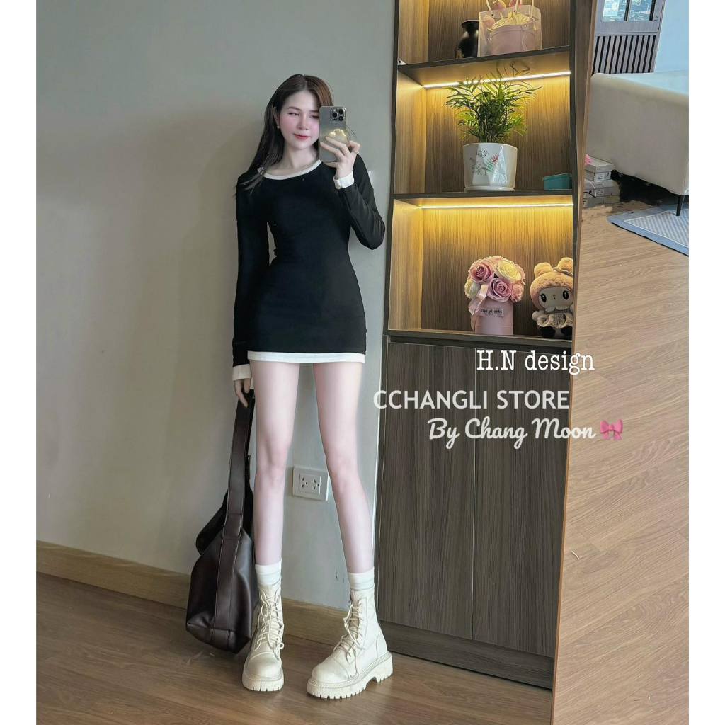 Váy body viền trắng đen,ghi
