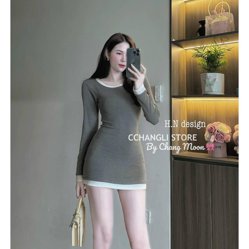 Váy body viền trắng đen,ghi