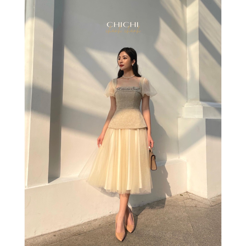 CHICHI - Váy dạ peplum phối lưới xòe dài Robe Soleil brille