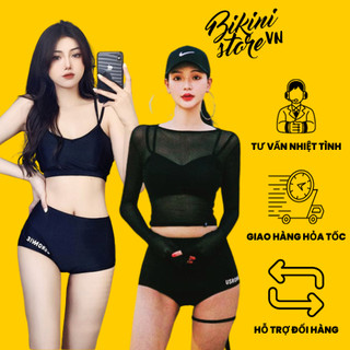 BikiniStoreVn : Bikini lưới đen 3 mảnh S30- Bộ đồ bơi nữ dài tay lưới - Set 3 món đi biển - Đồ tắm biển kín đáo thể thao