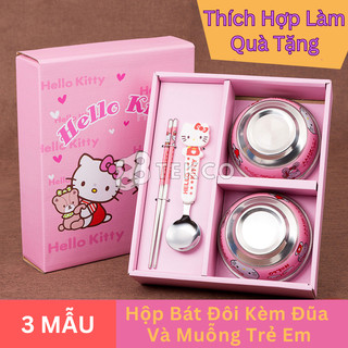 Hộp bát đôi kèm đũa và muỗng trẻ em - hộp quà tặng bát, đũa, muỗng cho bé