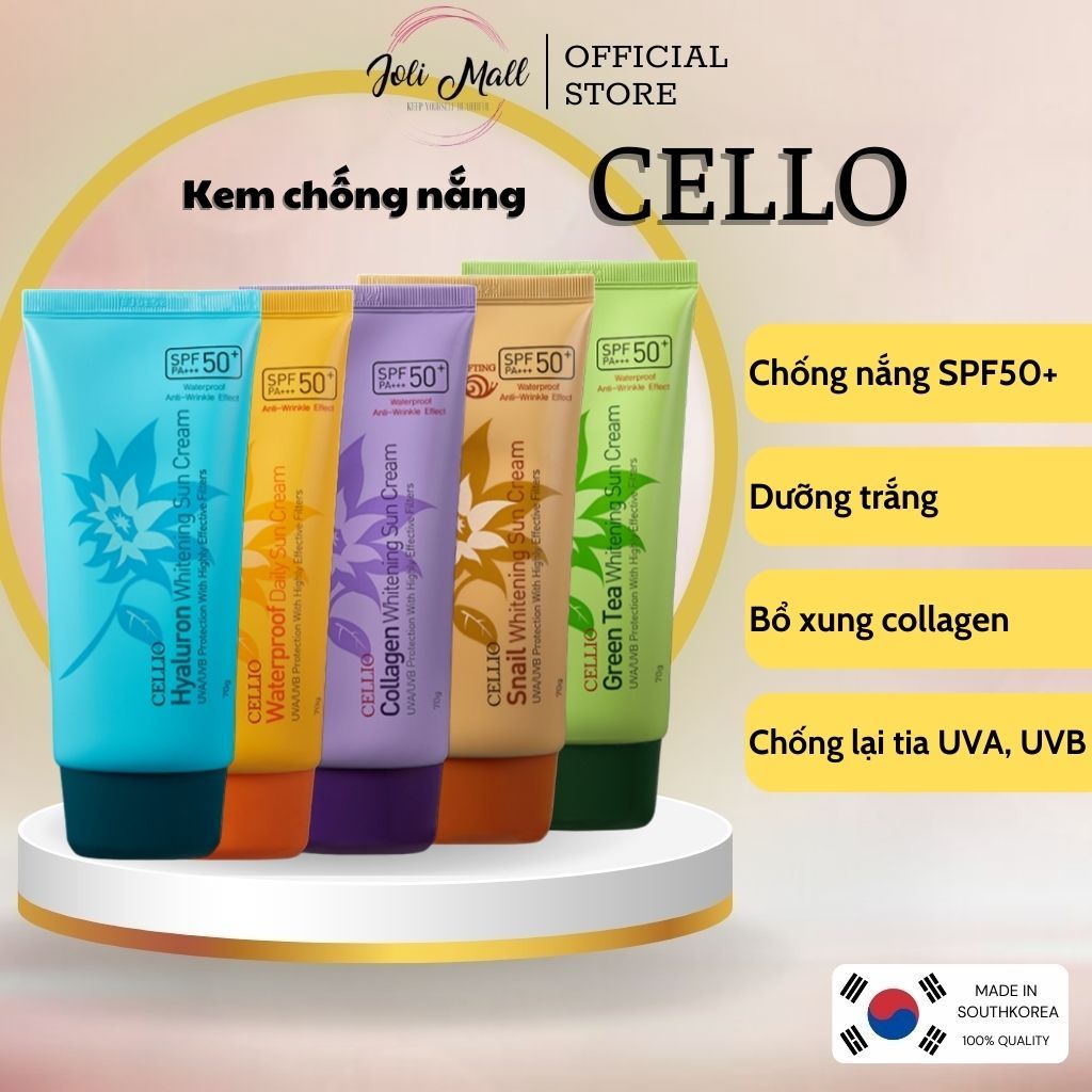 Kem chống nắng Cellio Hàn Quốc SPF 50 PA+++ Green Tea, Collagen, Waterproof, Snail, Hyaluron