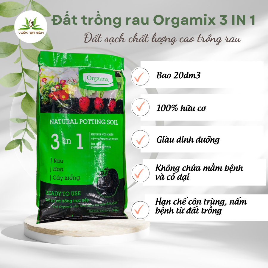 Đất sạch ORGAMIX 3 trong 1, trồng rau hoa, bao 20dm3 giàu dinh dưỡng  chỉ đổ ra và trồng
