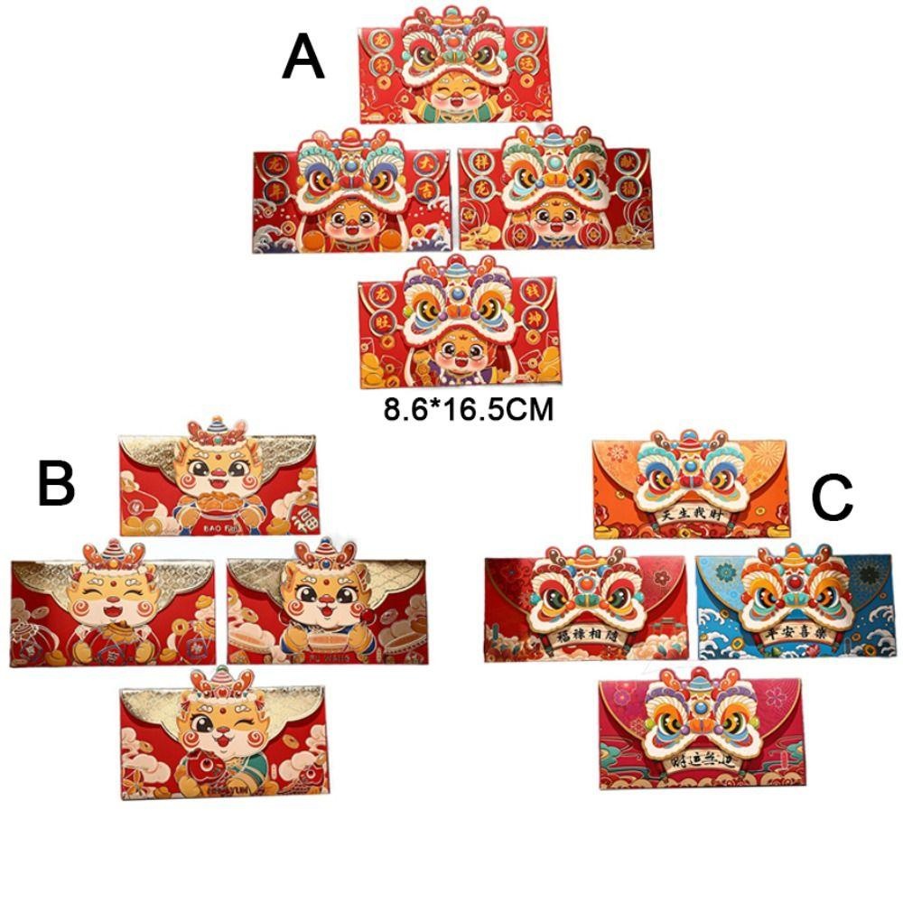 Bộ 4 Bao Lì Xì Đỏ May Mắn Phong Cách, Họa Tiết Rồng / Sư Tử Hoạt Hình Dễ Thương