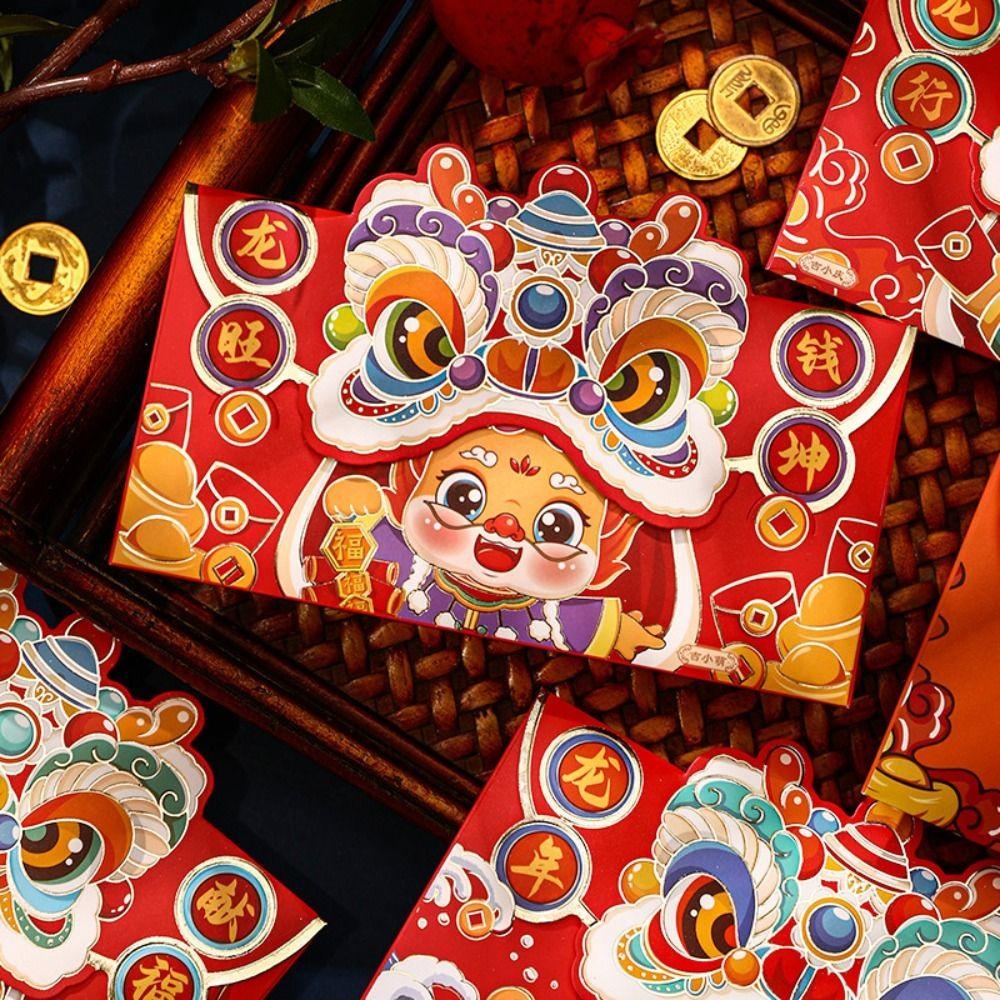Bộ 4 Bao Lì Xì Đỏ May Mắn Phong Cách, Họa Tiết Rồng / Sư Tử Hoạt Hình Dễ Thương
