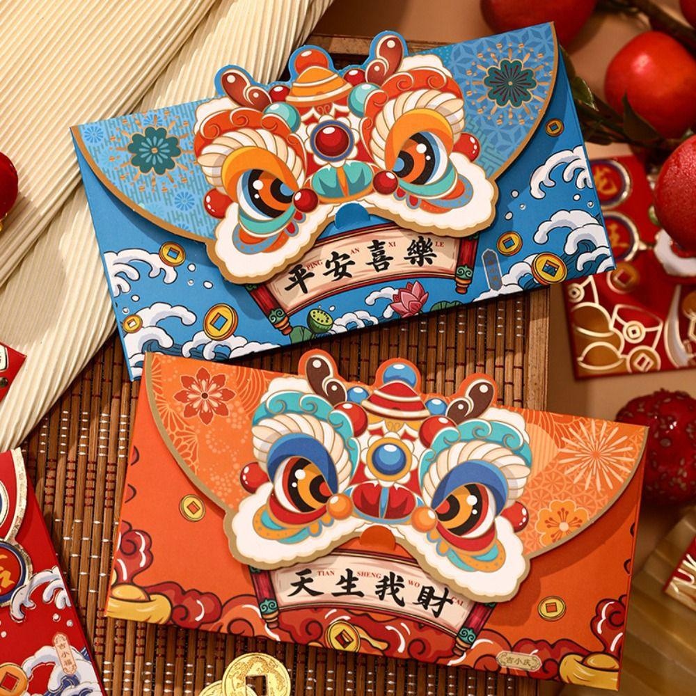 Bộ 4 Bao Lì Xì Đỏ May Mắn Phong Cách, Họa Tiết Rồng / Sư Tử Hoạt Hình Dễ Thương