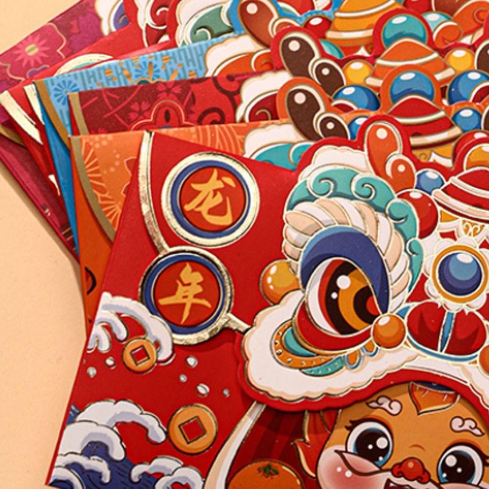 Bộ 4 Bao Lì Xì Đỏ May Mắn Phong Cách, Họa Tiết Rồng / Sư Tử Hoạt Hình Dễ Thương