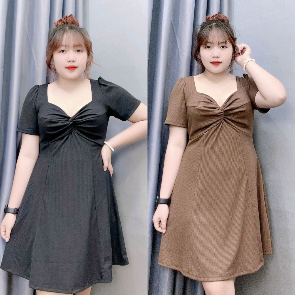 Đầm thiết kế bigsize nữ tay ngắn liền thân cúp ngực cổ xoắn dáng xòe, Váy big size chất gân tăm co giãn nữ sang xịn G81