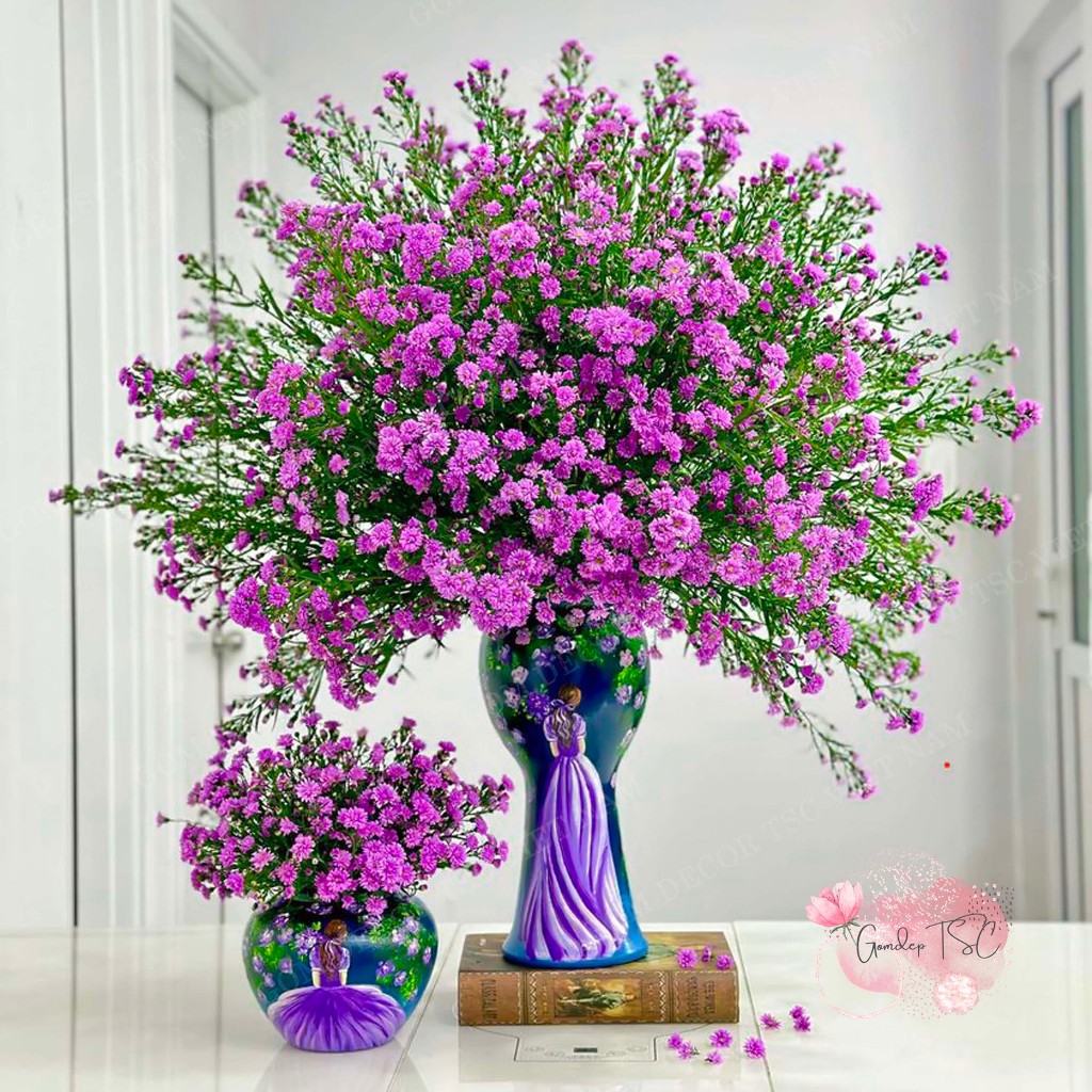 Bình hoa cô gái màu tím vẽ thủ công 3D cao cấp, lọ hoa gốm sứ Bát Tràng decor trang trí phòng khách, bàn tiệc sang trọng