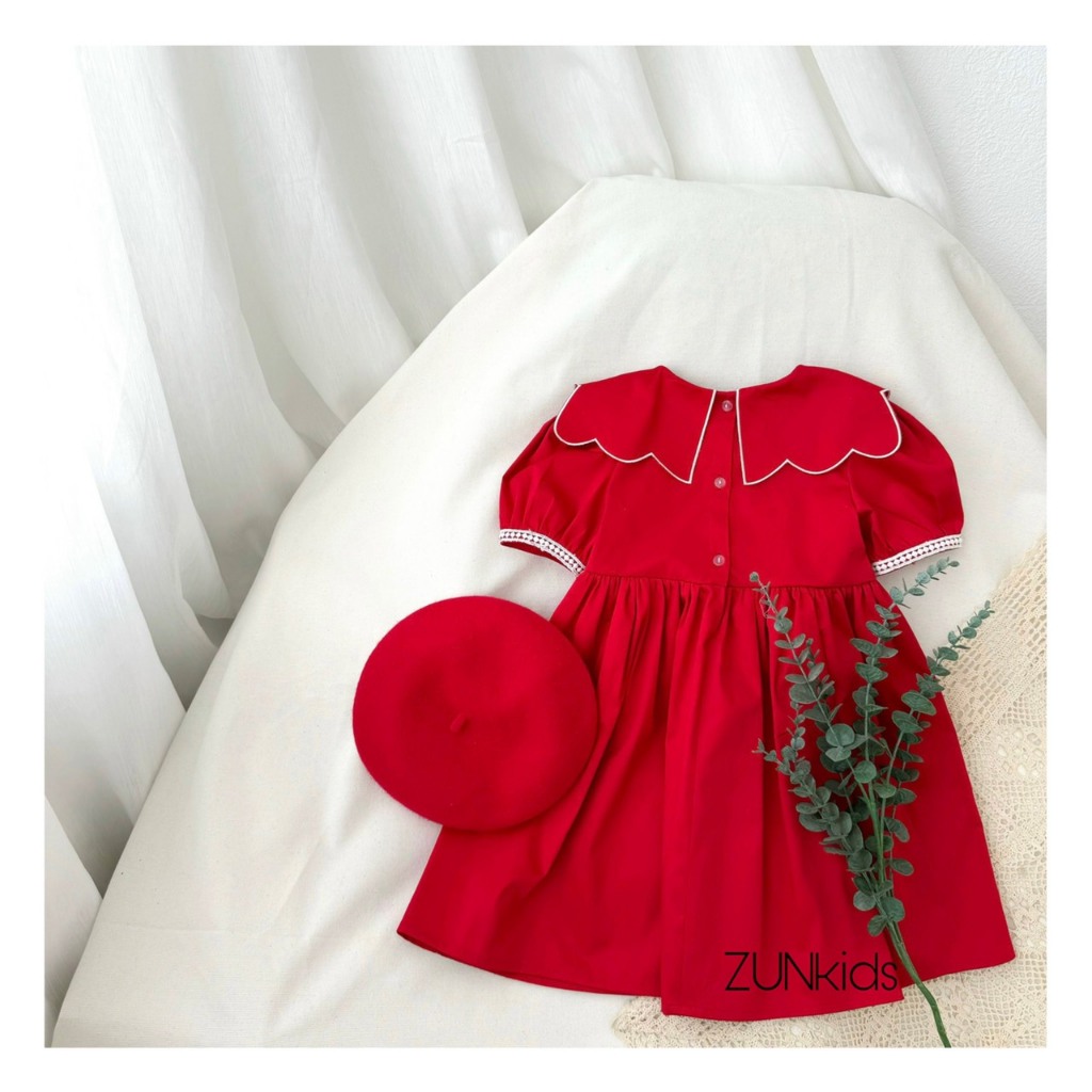 Váy lá cổ thêu Đỏ - ZUNKids