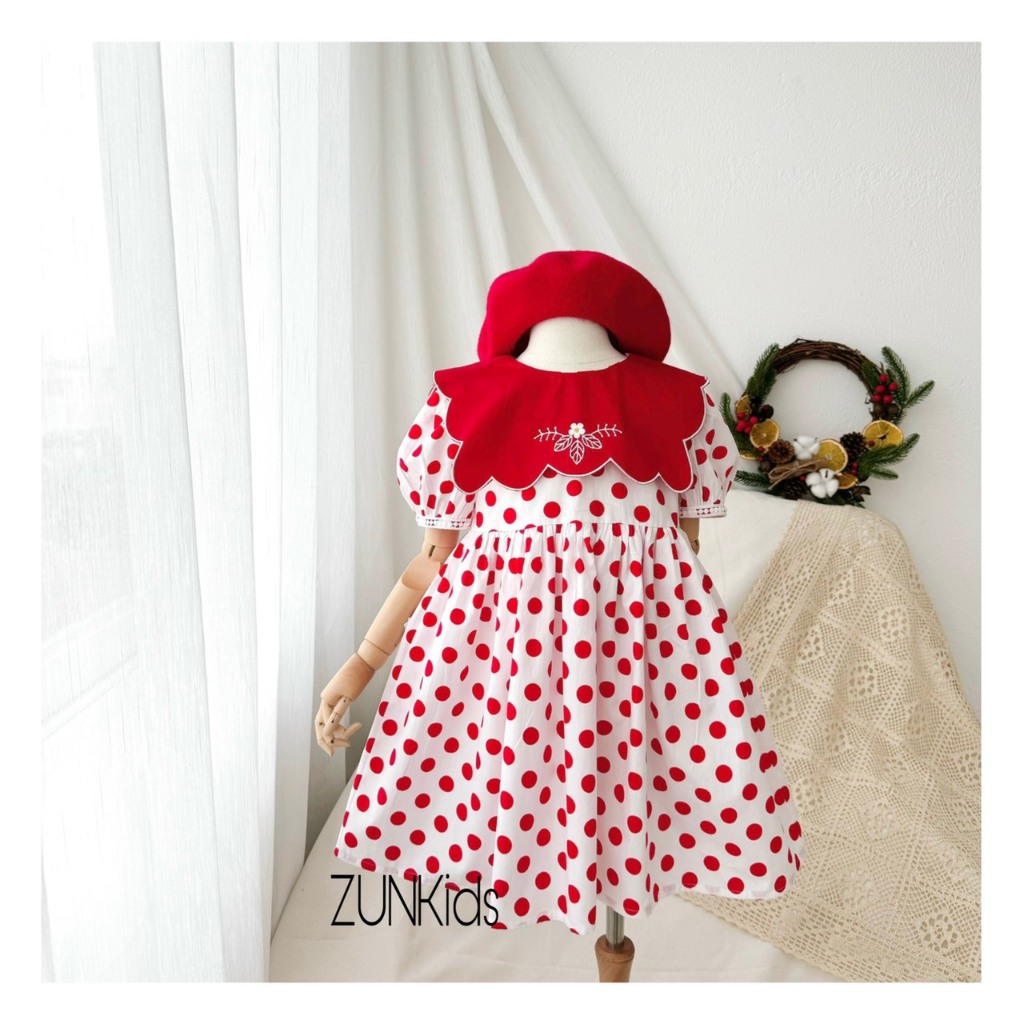 Váy lá cổ thêu Đỏ - ZUNKids